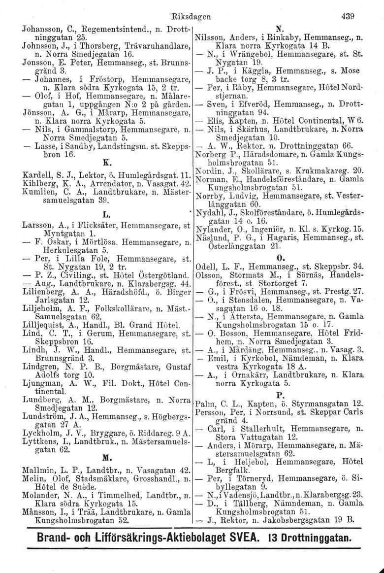 Johansson, C., Regementsintend., n. Drottninggatan 25. Johnsson,,I., i Thorsberg, Trävaruhandlare, n. Norra Smedjegatan 16. Jonsson, E. Peter, Hemmanseg., st. Brunnsgränd 3. - Johannes, i Fröstorp.