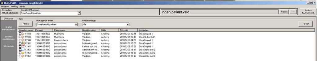 Inkomna meddelanden. Meddelandetyp kan väljas. Dubbelklicka på en patient/ärende för att öppna ett ärende.