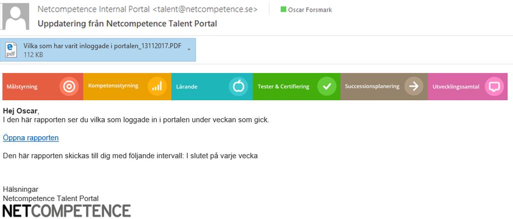 Mailet kommer då innehålla rapportbeskrivningen samt en länk till rapporten i portalen. Även en pdf-version av rapporten bifogas i mailet.