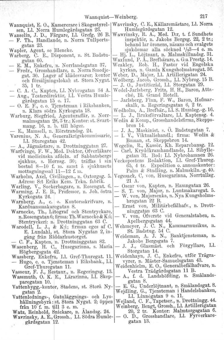 Wannquist-> Weinberg. 217 Wannquist, E. O., amererare i Skogsstyrel- Wavrinsky, C. E., Källaremästare, Ll, Norra sen, L1. Norra umlegårdsgatan 23. Humlegårdsgatan 12. Wanselin, J. D., F trgare, L1.