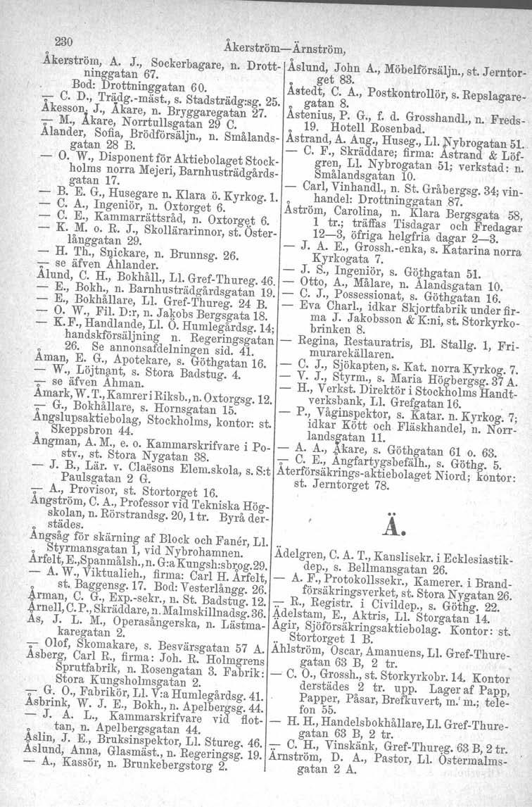 230 Åkerström-Ärnström, -Åkerström, A. J., Sockerbagare, n. Drott- Åslund, John A., Möbelförsäljn., st. Jorntorninggatan 67. get 83.. - Bod: Drottninggatan 60. T C. D., Trädg.-mäst., s. Stadsträdg:sg.