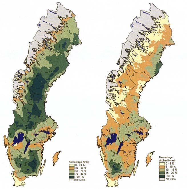 Skogsklädda torvtäckta marker Figur 1. Kartan till vänster visar hur stor del av Sveriges landareal som utgörs av produktiv skogsmark. Kartan till höger visar hur stor del av skogsmarken som är dikad.
