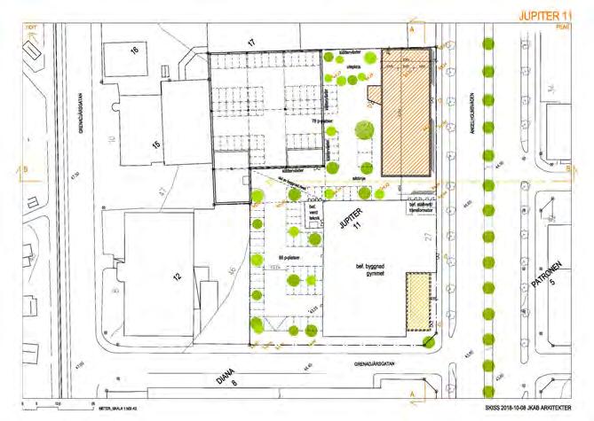 Illustration visar ett exempel på hur området skulle kunna byggas i etapper med olika bil och cykelparkeringsbehov.