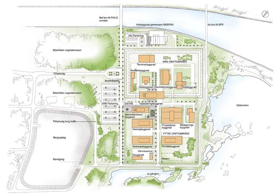Figur 3 1. Situationsplan som visar planerade byggnader inom yttre och inre driftområde /SKB 2010/, se även översiktskartan i figur 1-1.