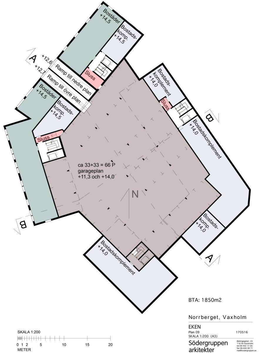 33 av 46 Figur 18: Planskiss för övre garageplan i kvarter Eken För cykelparkering anges det följande: - 20-30 parkeringsplatser per 1000 m 2 BTA för lägenhet - 20-30 parkeringsplatser per 1000 m²