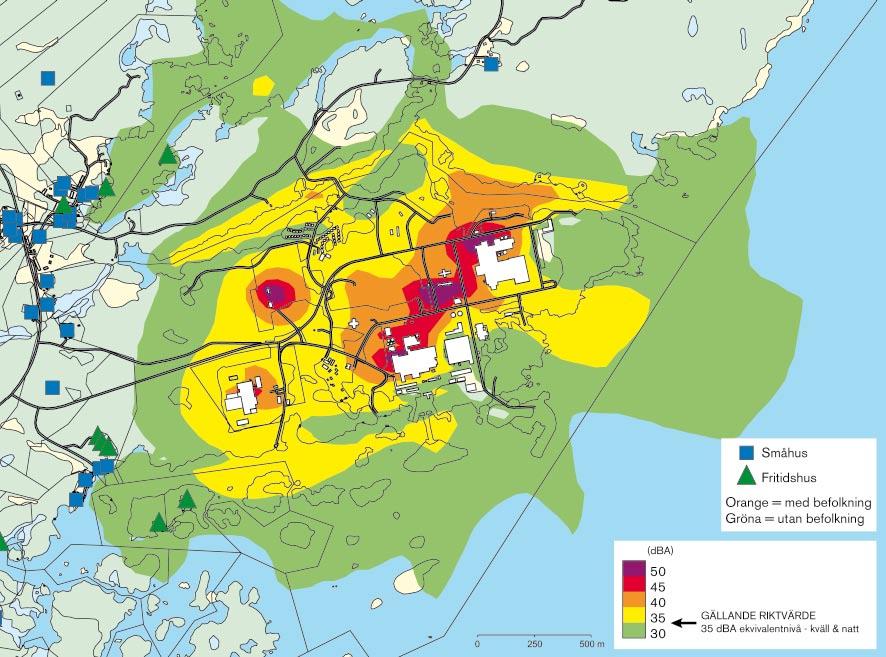 5.5 Effekter och konsekvenser 5.5.1 Boendemiljö och hälsa En preliminär bullerutredning visar att riktvärden för externt industribuller kommer att underskridas vid de närmast belägna bostäderna under