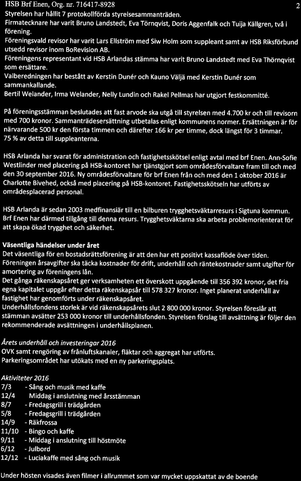 HSB Brf Enen, Org. nr. 71641 7-8928 2 Styrelsen har hållit 7 prtkllförda styrelsesammanträden. Firmatecknare har varit Brun Landstedt, Eva Törnqvist, Dris Aggenfalk ch Tuija Källgren, två i förening.