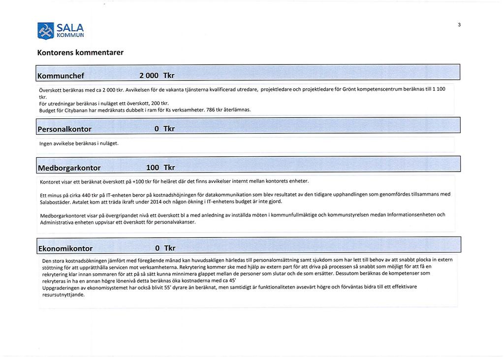 ~ ~~b~ 3 Kontorens kommentarer I Kommunchef 2 000 Tkr överskott beräknas med ca 2 000 tkr.