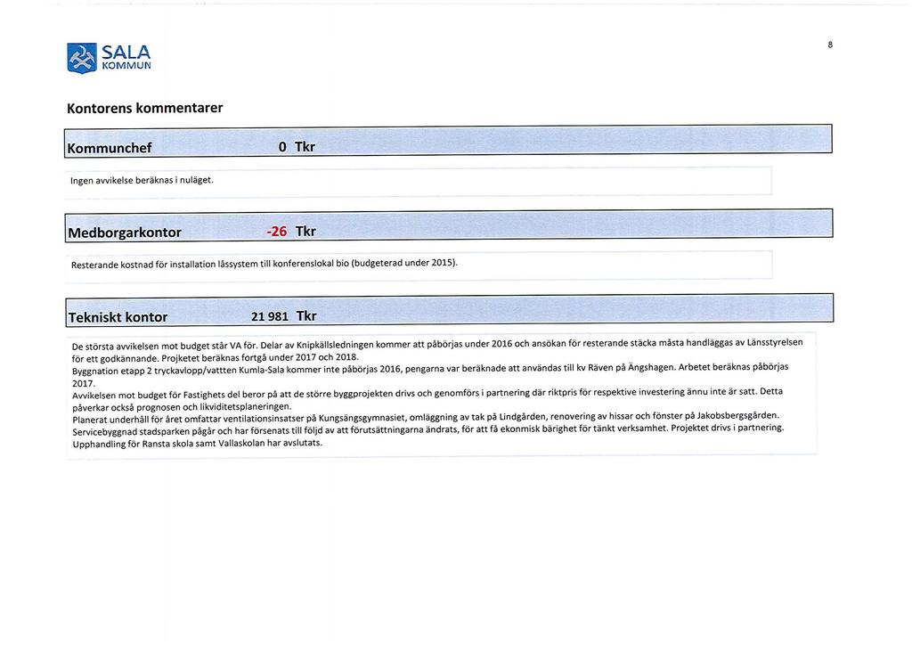 m ~~b! 8 Kontorens kommentarer [ Kommunchef 0 Tkr [ Medborgarkontor -26 Tkr Resterande kostnad för installation låssystem till konferenslokal bio (budgeterad under 2015).