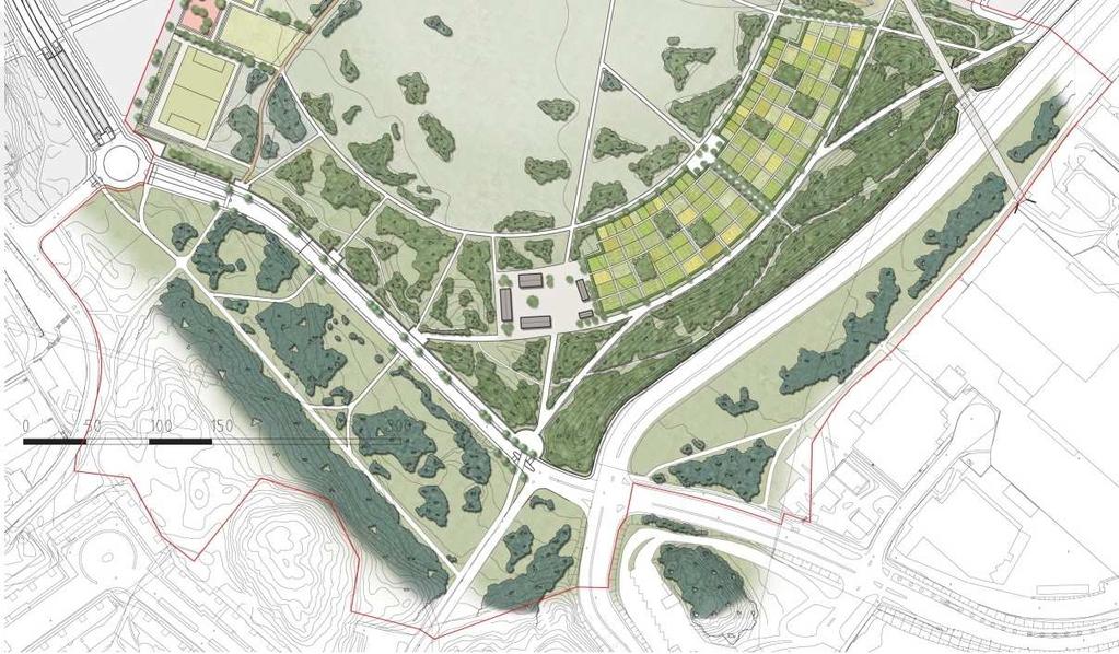 Nära bebyggelsen utformas ytor för spontanidrott, lek och umgänge. Gräns för detaljplanen markerad med röd linje. Illustrationsplan, White arkitekter.