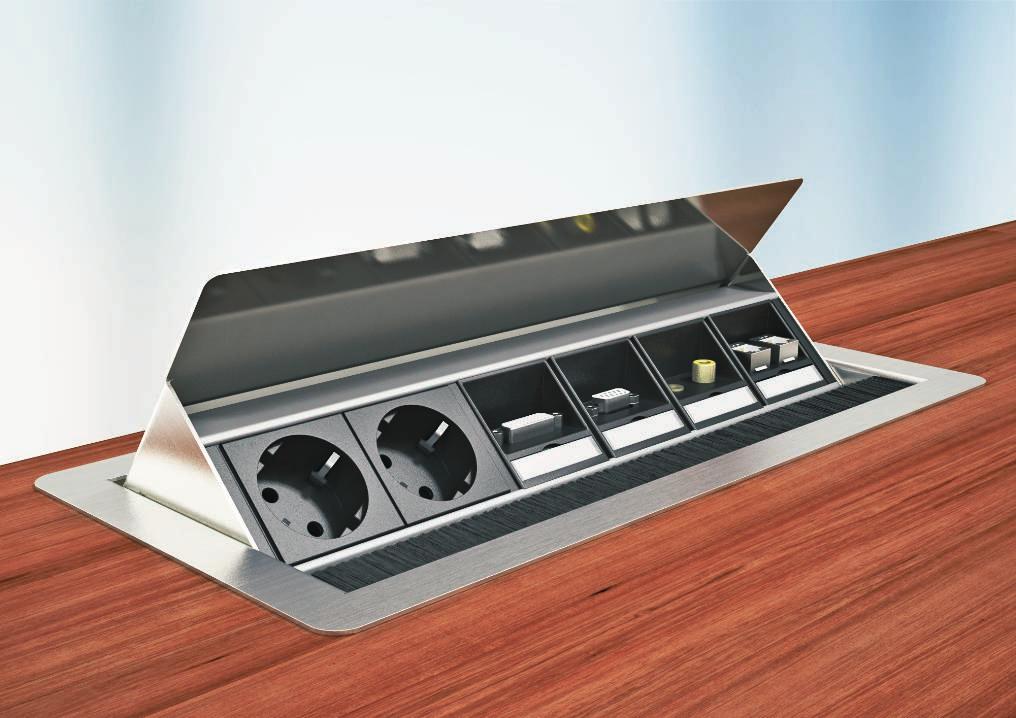 DBK apparatmonteringslösningar för kundspecifik bordsbox Arbetsplatssystem, bordsboxar och flexkanal Konfigurera bordsbox DBK individuellt En kundspecifik bordsbox bestyckas enligt dina önskemål och