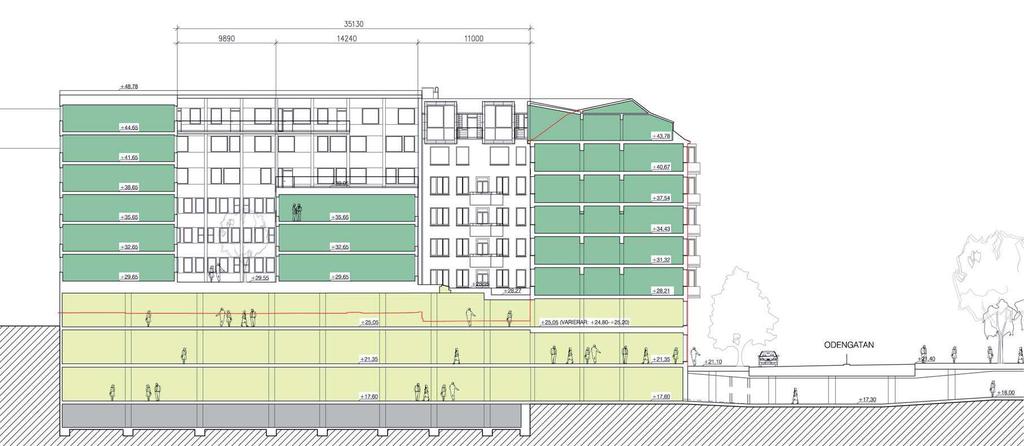 ADLERN MINDRE 34: sektion Tvärsektion genom Adlern Mindre 34 med upphöjt gårdsbjälklag för utökade handelsytor, två nya bostadsvåningar mot Vegagatan och nya takkupor mot gården för