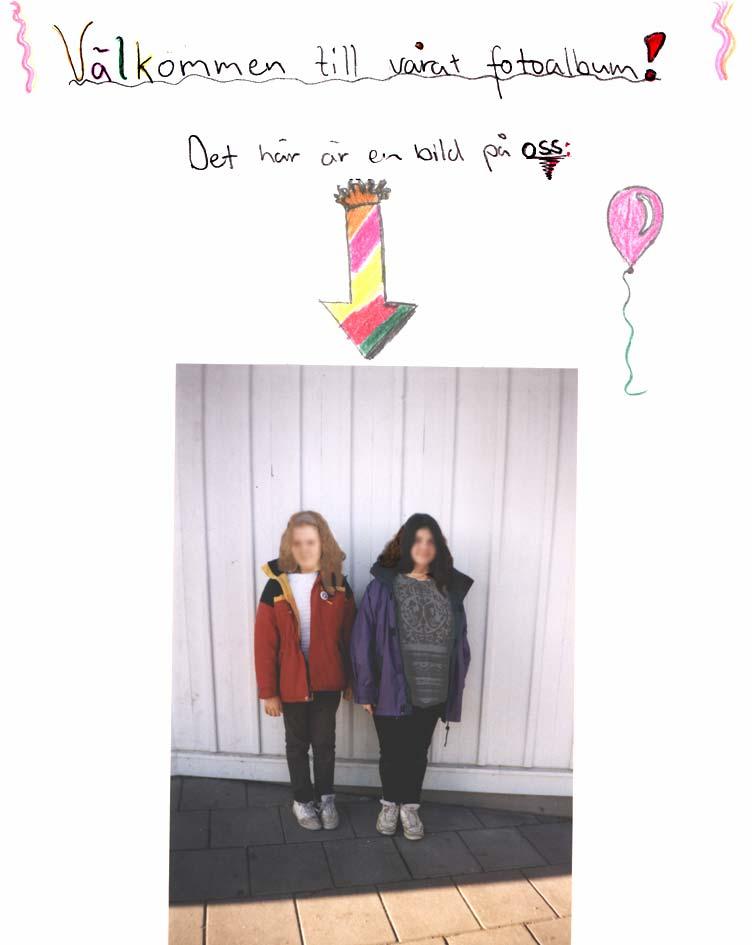 Figur 13. Välkommen till vårat fotoalbum! skriver Karin och Isabella som presentation till sina sju bilder som ska visas på en utställning för deras familjer och hela skolan.