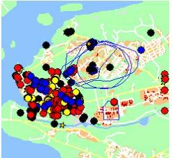 Figur 20. Kullenskolan: alla kartor Figur 21. Tallskolan: alla kartor I bilderna ovan har jag lagt samman de två skolklassernas kartor i var sin bild. Även om bilderna blir röriga.
