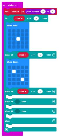 När micro:bit skakas kommer en slumpmässig siffra mellan 0 och 5 lagras i variabeln item.