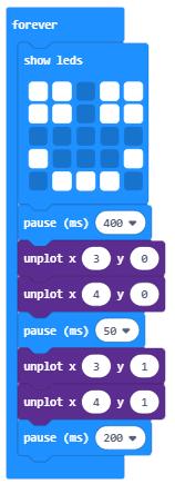 Genom att sätta in värden mellan 0 och 4 i rutorna efter x- och y kommer olika led att blinka. På detta sätt kan man förstå hur koordinatsystemet på micro:bit är uppbyggt.