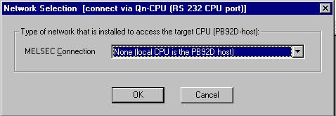 Välj anslutning mellan dator (PC) och PLC-system och klicka 2 I detta exempel ansluts datorns kommunikationsport (COM 1) till PLC-systemets CPU-port via kabeln SC-Q.
