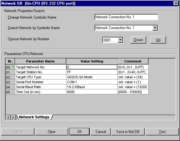 Kontrollera att valet av COM-port stämmer med den fysiska anslutningen mellan PROFIBUS DP-mastern och datorn. Välj den PLC-typ som används i applikationen (I detta exempel används 4+4Q0RGH).