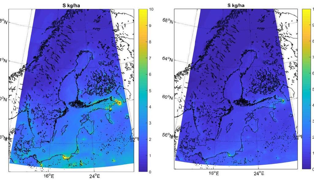 Figur 20. Deposition från sjöfarten för kväve (vänster) och svavel (höger).