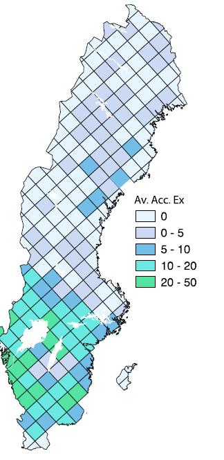 Överskridande kritisk belastning Sjöar 2020 MAGIC-bibliotek 2015 samt uppdaterad CL -metodik 11,5 % av ytan har överskridande av kritisk belastning Lågt överskridande i norr < 5 ekv/ha år I söder