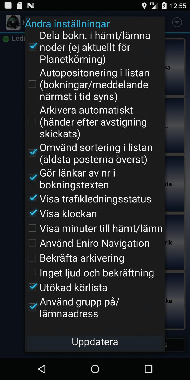 Inställningar Under Meny/Hjälp finns de inställningar som kan göras i applikationen.