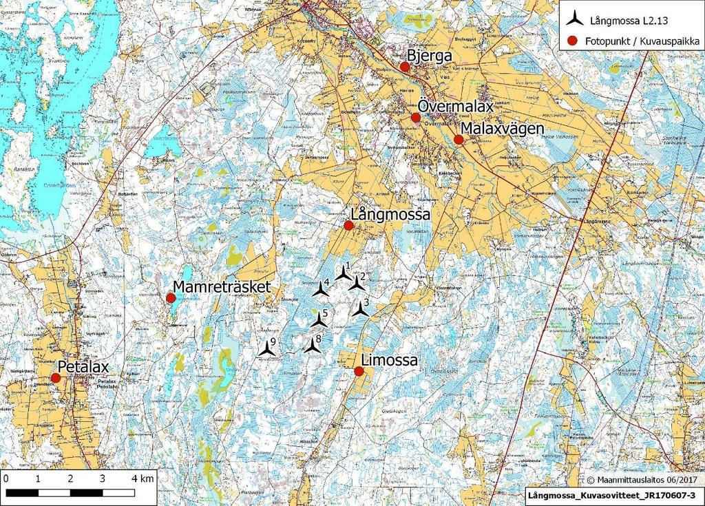 Sida 11 av 16 Figur 1. Kamerapositionerna och placeringen av de sju turbinerna. 3 Referenser Etha Wind Oy (2016).