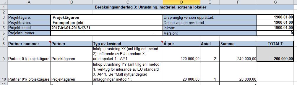 I fältet typ av kostnad ska ni beskriva materiel/utrusning, syftet med inköpet och om inköpet utgör en anläggningstillgång, samt om metod 1 eller metod 2 tillämpas vid