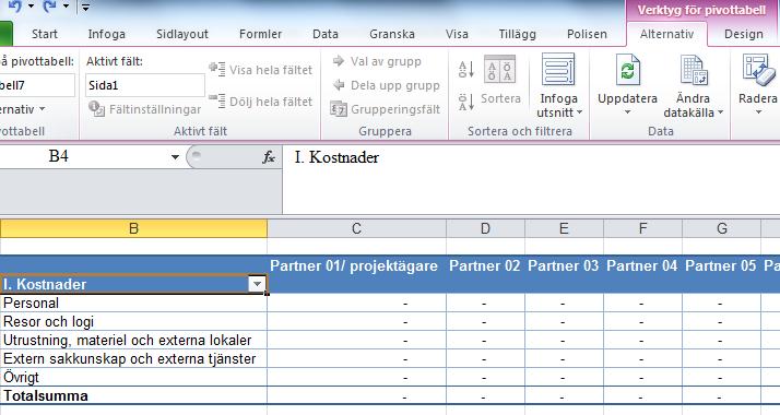 (2) (3) (4) (1) För att uppdatera alla (pivot) tabeller i dokumentet placerar ni markören i tabellen (1), högerklickar, går till verktyg för pivot tabell (2), väljer alternativ (3), går till