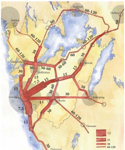Målbild Tåg 2035 visar hur Västra Götaland visar hur regionen vill bygga ut tågtrafiken. Kartan visar önskad turtäthet 2035 enligt målbild Tåg.