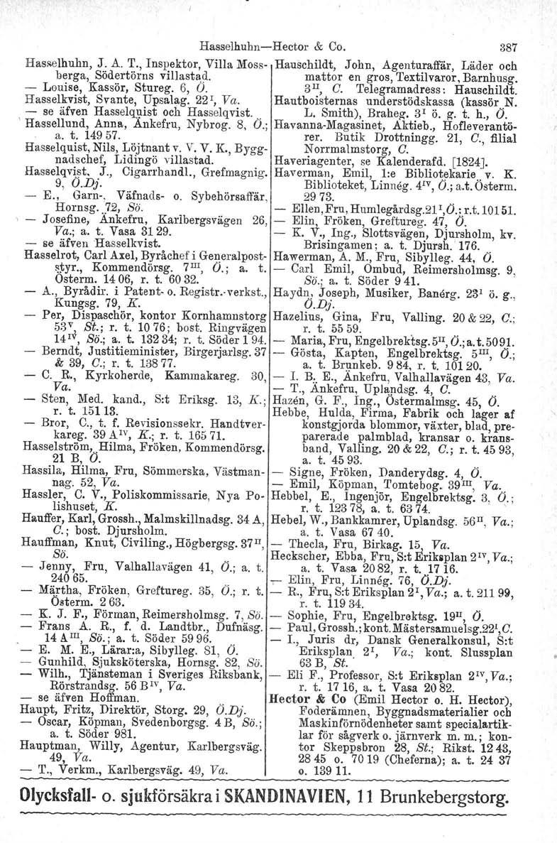 HasselhuhnHector & Ca. 387 Hasselhuhn, J. A. T., Inspektor, Villa Moss Hauschildt, John, Agenturaffär, Läder och berg a, Södertörns villastad. mattor en gros, Textilvaror, Barnhusg.