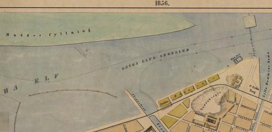 Även Kvilletorget är etablerat i form av en viktig by/hamn som hänger ihop med Tuvevägen 1856 syns hur frihamnen fylls ut med muddermassor.