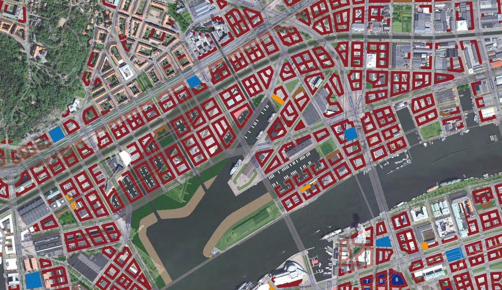 2 1 3 Torg Frihamnens justerade struktur: (uppdaterad print screen 2017-05-17) Skolorna är lokaliserade till den flödesmässigt lugnaste mitten av varje stadsdel, nära en offentlig stadsdelspark (1,