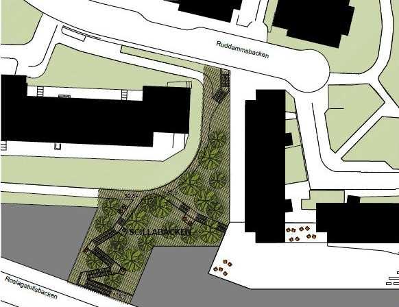 Park Kvartersmark överförs till parkmark som en förberedelse inför planerad utbyggnaden av västra Valhallavägen. SID 15 (24) Scillabacken, illustration ur Program för västra Valhallavägen.