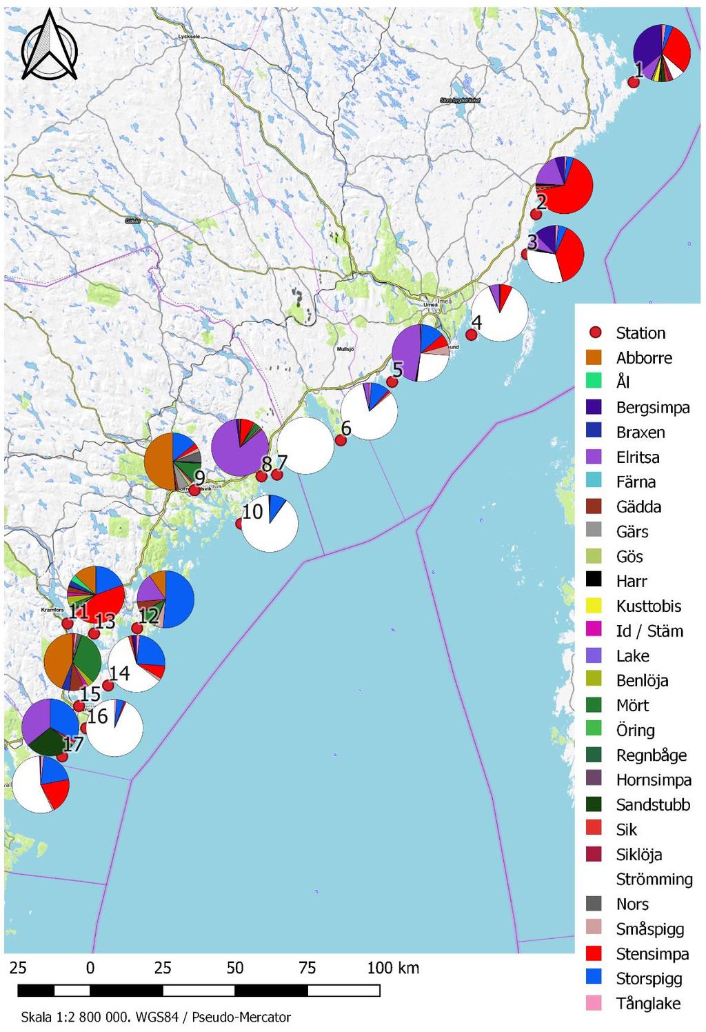 Figur 3. Översiktskarta med provtagningslokalerna (röda punkter) och pajdiagram med fördelningen av fiskarter per lokal (% biomassa).