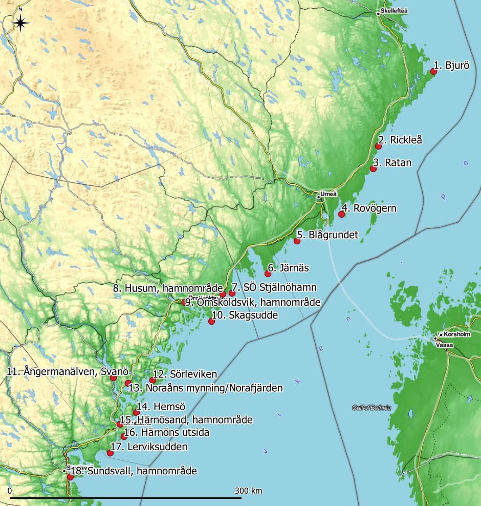 edna-inventering av strandnära fisksamhällen längs svenska norrlandskusten Figur 1. Översiktskarta med provtagningslokalerna (röda punkter). Skala 1:2500000, projektion WGS84 / Pseudo-Mercator.