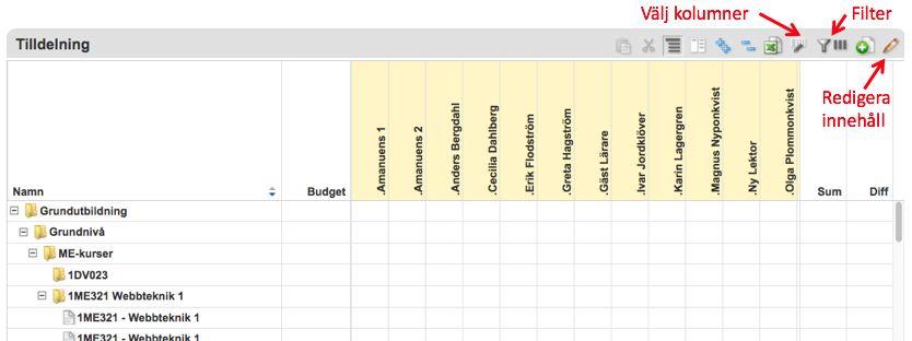 Matrisvy I matrisvyn arbetar du ungefär som i ett Excel-ark. Du har rader för uppdragen och kolumner för personalen.