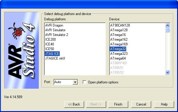 Nu kan du välja om du vill använda simulatorn i AVR Studio (AVR Simulator) eller om du har en riktig processor inkopplad (JTAG ICE).