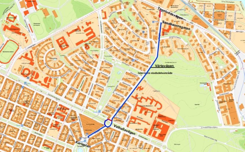 Blått streck visar dubbelriktad cykelbana som omfattas av beslutet.