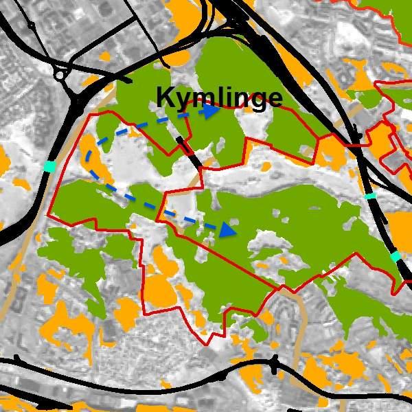 Figur 4: Utsnitt från karta över Skogssamband. Potentiellt område för häckning är markerat i grönt. Områden till stöd för spridning och födosök är markerat i gult.