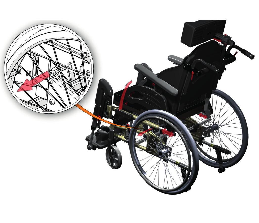 SITTDJUPSJUSTERING RYGG: När stolen är utrustad med ett drivhjul som är större än 12 "eller 16" bör dessa avlägsnas först.