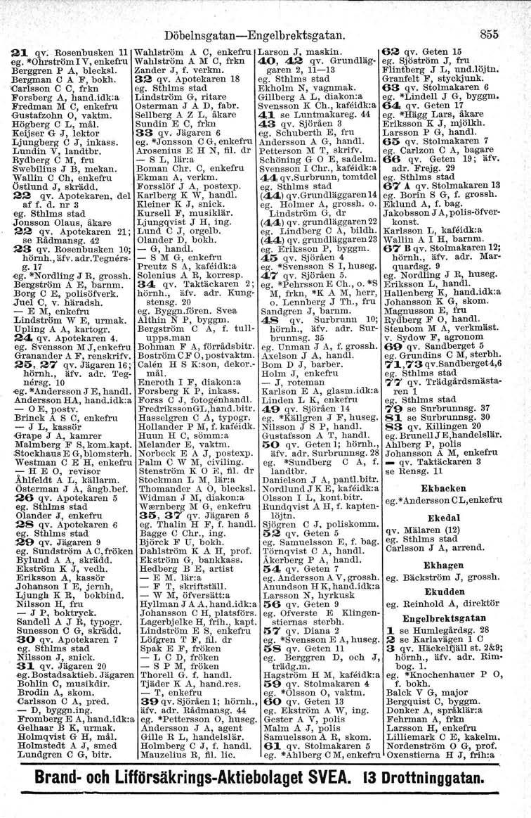 Döbelnsga tan- Engelbrektsga tan. 21 qv: Roseribusken 11 Wahlström A C, enkefru ego *OhrströmIV, enkefru Wahlström A M C, frkn Berggren P A, blecksl. Zander J, f. verkm. Bergman C A F, bokh. 32 qv.