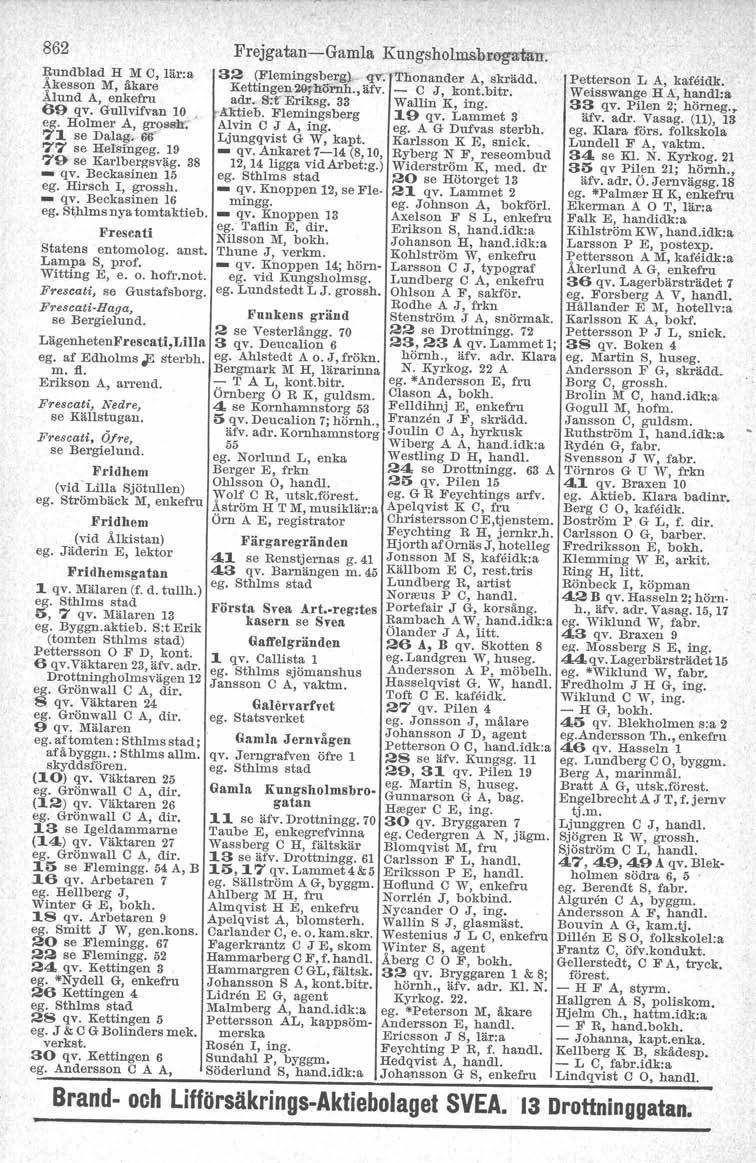 862 Frejgatan-Gamla Kungsholmsbrogatan. Rundblad H M C, lär:a 32 (F'lemingsbergj., qv: Thonander A, skrädd. Åkesson M, åkare Petterson L A, kafeidk, Kettingen'2O\'lrornh., äfv. - C J, kont.bitr.