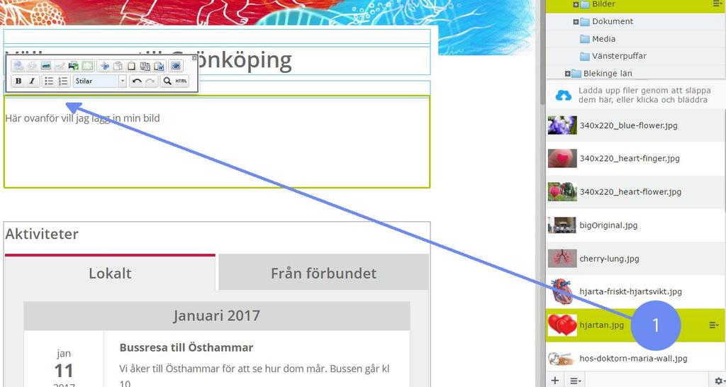 Lägga in en bild eller dokument på en sida jag har skapat Om du vill lägga in en bild/dokument på en sida så är det så att där du ställer(klickar) med musmarkören