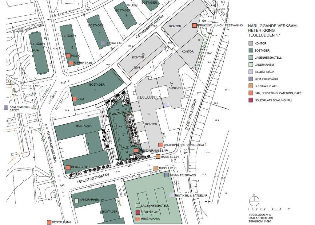SID 7 (14) Illustration över verksamheter i närområdet GATOR OCH TRAFIK Gatunät Fastigheten gränsar till Sehlstedtsgatan vilken har mått och konstruktion som en innerstadsgata, 18 meters bredd, men