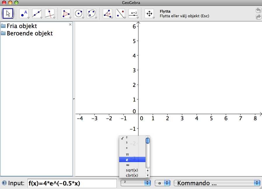 När du har matat in funktionsuttrycket tryck ner Entertangenten. Nu visas f(x) i GeoGebrafönstret. Rita på samma sätt kurvan g(x) = 2x x 2 genom att mata in funktionsuttrycket g(x) i Input-fältet.