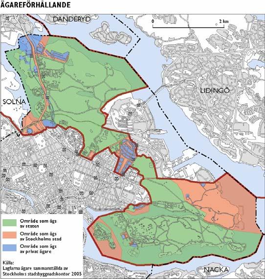 Stockholms stad äger huvudsakligen områden vid Bellevue och Kaknäs. Som en följd av det statliga ägandet gäller detaljplan idag enbart för delar av de befintliga bebyggelseområdena.