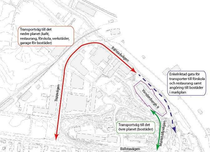 2 Trafikering De stora nivåskillnaderna gör att fastigheten kommer att behöva angöras från olika håll för att nå de olika nivåerna.