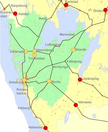 2. Utredningens omfattning 2.1 Geografisk avgränsning Målbilden omfattar potentiell pendeltågs- och regiontågstrafik inom Västra Götaland samt till och från regionala centra utanför Västra Götaland.