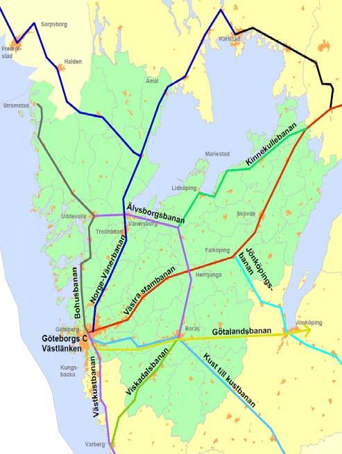 9.2 Järnvägens kapacitet och hastighet Järnvägens kapacitet är alltför begränsad Järnvägsnätet i Västsverige består av ett tiotal olika banor med varierande standard.