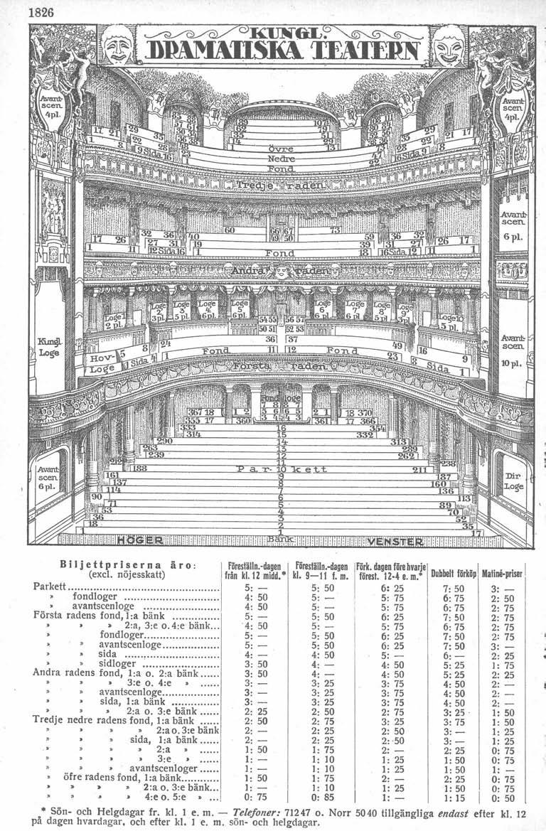 1826 Bitjettpriserna äro: föreställn.-dagen föreslälln.-dagen Iförk.dlgenfÖrehyarjeDbbeltf-kö I Mt" I (excl. nöjesskatt) från kl.1zmidd.* kj. 9-11 f. m. föresl.lz.4 a.m," u ur p I me-priser Parkett.